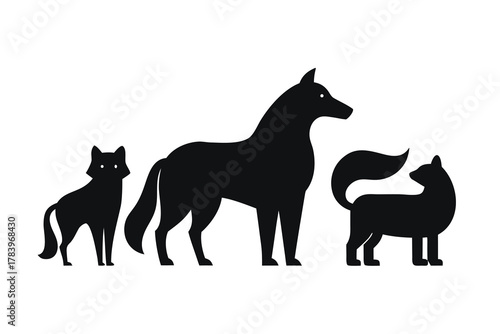 Three animal silhouettes display a minimalist style with a cat, fox, and dog against transparency
