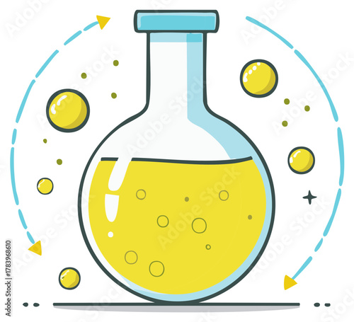 Round bottom flask with yellow liquid for scientific experiments in chemistry, research, medicine