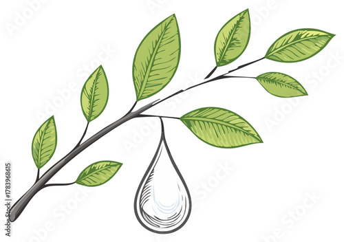 Fresh Green Branch with a Pure Water Drop Illustration Representing Nature's Essence