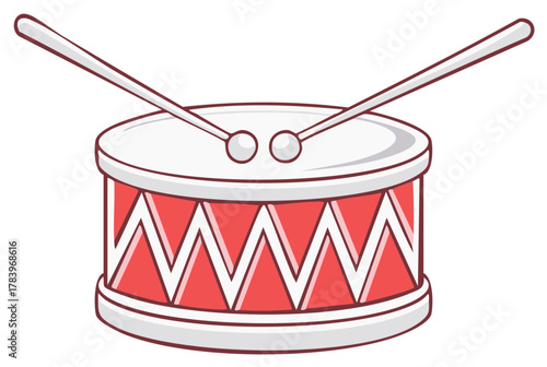 Cartoon drum with sticks, children's toy, musical instrument, red and white festive design