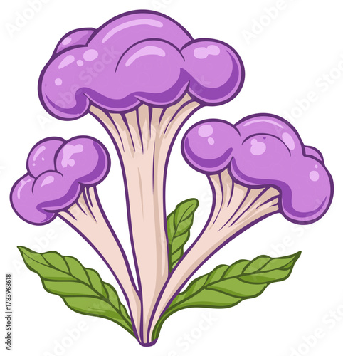 Cartoon illustration of purple cauliflower with green leaves, isolated vegetable vector
