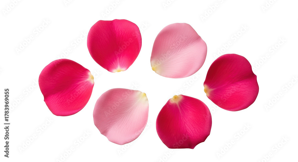 Fototapeta premium Six vibrant rose petals arranged in a circle on a black background