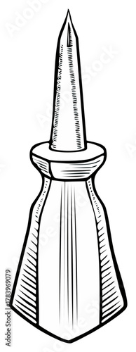 Engraved push pin or thumbtack tool with pointed metal end, isolated on a white background