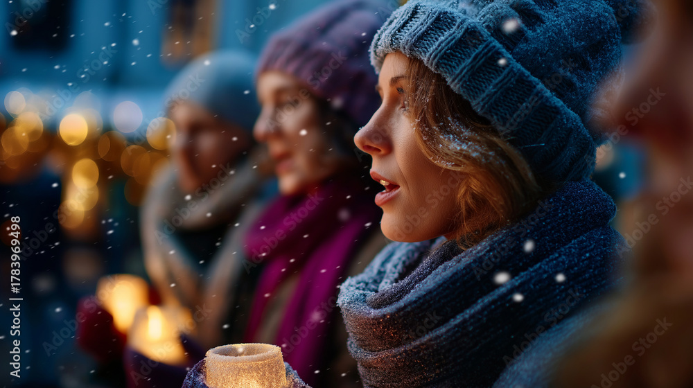 Obraz premium Choir singing carols by lantern light in snowy street, caroling, choir, community, music, snow, tradition, with copy space