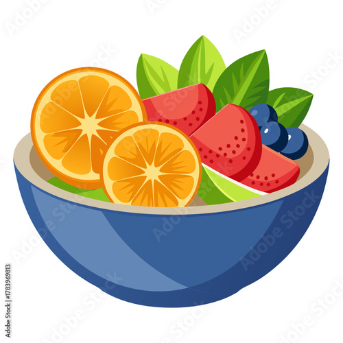 Healthy fresh fruit salad in a blue bowl with oranges watermelon blueberries and greens