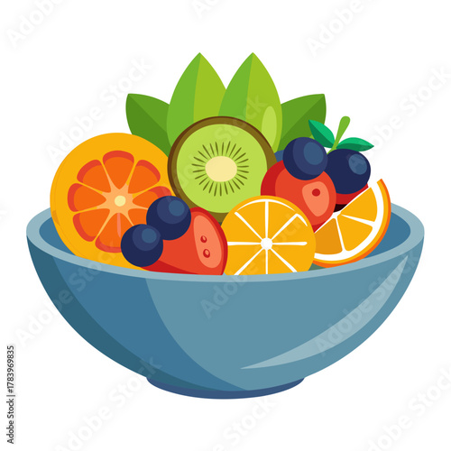 A vibrant blue bowl overflowing with a colorful assortment of fresh sliced fruits and berries
