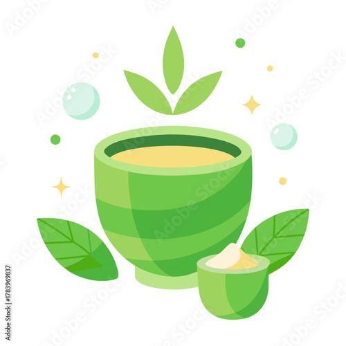 Green tea ceremony with fresh leaves and bubbles symbolizing purity and refreshment