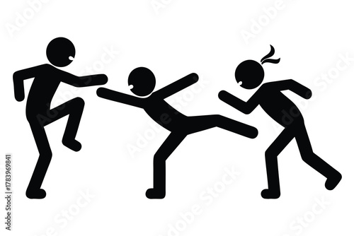 Three stick figure people are performing different martial arts stances in black over white