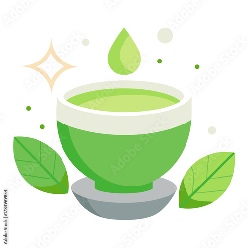 Green tea in a bowl with a falling drop and leaves representing freshness and wellness