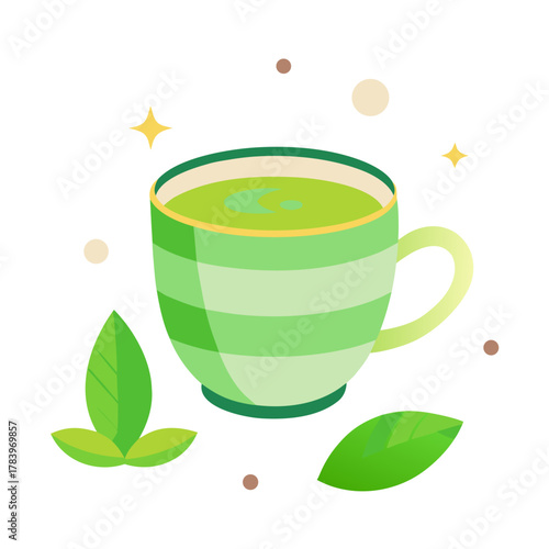 Refreshing green matcha tea in a striped cup with fresh leaves and sparkling elements