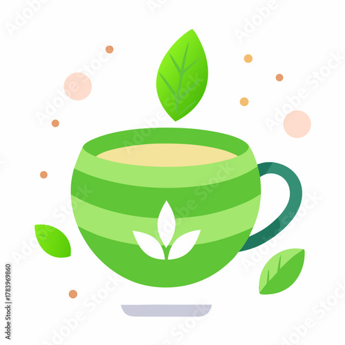 Refreshing green tea in a striped cup with fresh leaves and steam