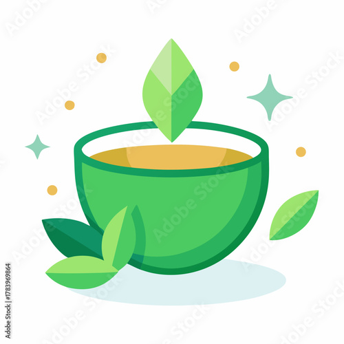 Refreshing green tea in a bowl with fresh leaves and sparkling elements