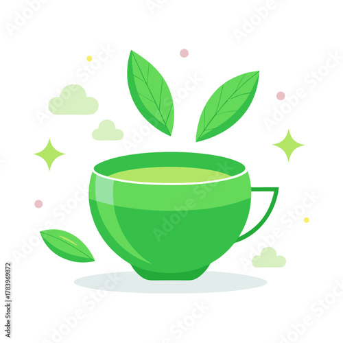 A vibrant green cup of tea with fresh leaves and decorative elements symbolizing freshness and nature