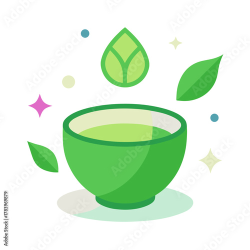 Green tea in a bowl with floating leaves and sparkling elements representing freshness and health
