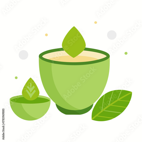 Refreshing green tea with fresh leaves and water droplets in a minimalist flat design style