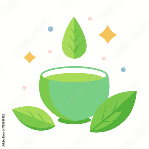 Refreshing green tea cup with fresh leaves and sparkling elements