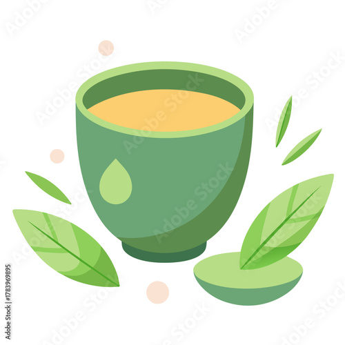 A green cup of herbal tea surrounded by fresh green leaves and soft pink circles