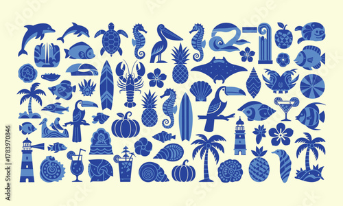 Tropical Icons Blue Ocean Life, Exotic Plants, Surfboards, and Holiday Fun Collection