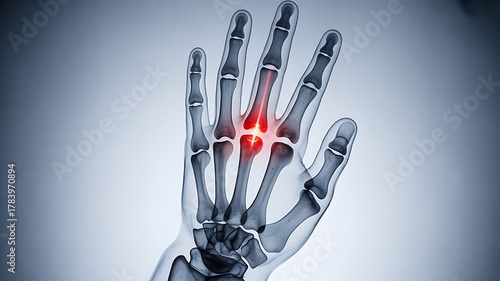 Fototapeta Naklejka Na Ścianę i Meble -  3d rendering of a painful hand joint with inflammation highlighted