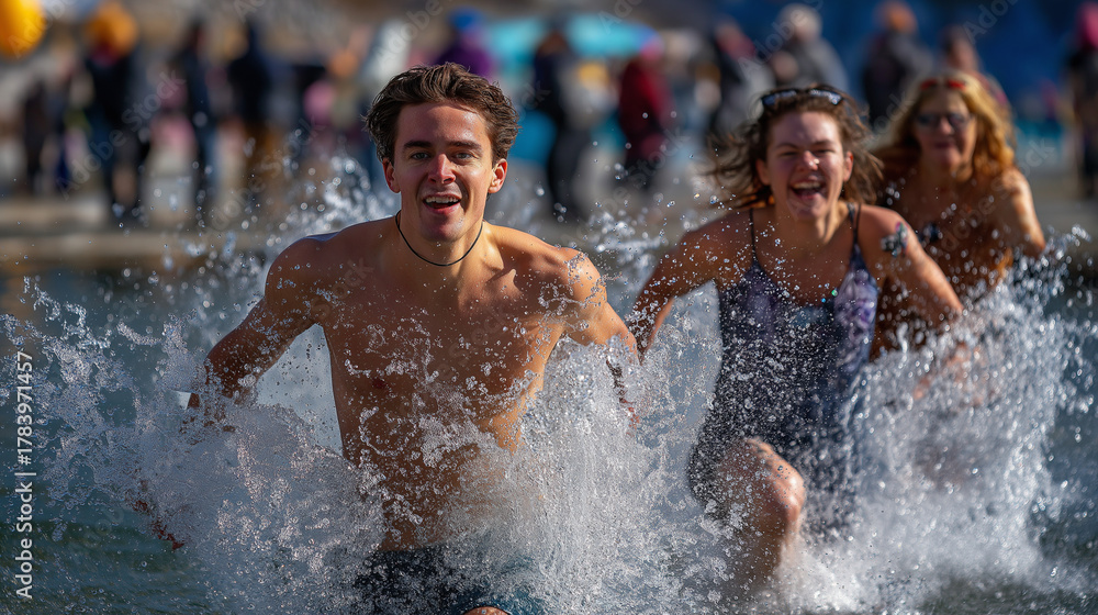 Fototapeta premium New Year’s day polar plunge at lake, cheering crowd, tradition, challenge, cold water, fun, with copy space