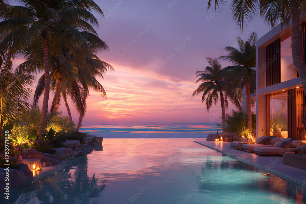 Fototapeta premium Stunning sunset view from a luxurious villa with an infinity pool by the ocean