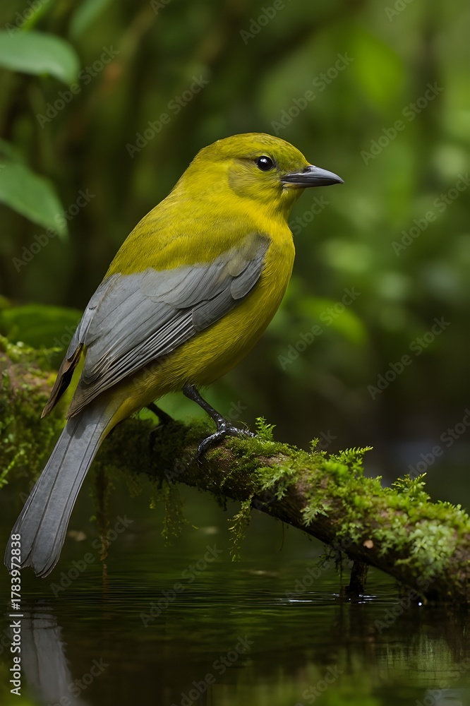 Fototapeta premium Grey-winged cotinga (Lipaugus conditus) on a mossy branch