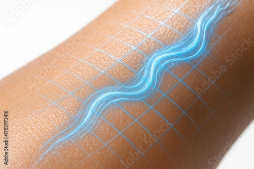 Close-up of skin surface with glowing blue hydration pathway illustrated across a grid pattern
