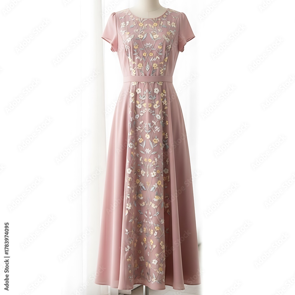 Obraz premium Elegant dusty rose floor length formal gown with short sleeves adorned with intricate floral embellishments and sparkling sequins for special occasions