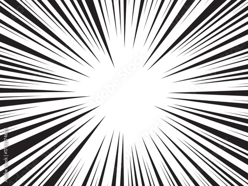 Comic speed line background, manga radial anime. Cartoon emphasis superhero frame, impact burst effect. Splash blast black bg. Graphic boom ray pop art. Abstract action element. Vector illustration