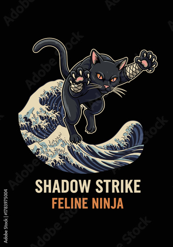 A vibrant graphic illustration features a fierce black cat, stylized as a ninja, executing a shadow strike on a Japanese wave, embodying feline agility.