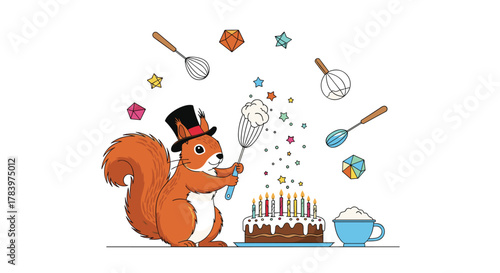 Whimsical illustration depicts a festive squirrel wearing a top hat, happily baking a birthday cake surrounded by flying kitchen tools and sparkling confetti.