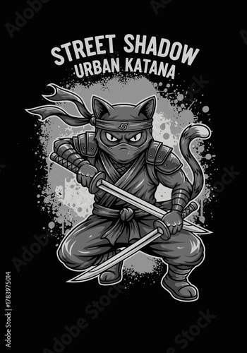 A captivating and detailed grayscale illustration showcases a powerful cat ninja in a crouching stance, wielding two katanas, ready for an urban stealth mission.