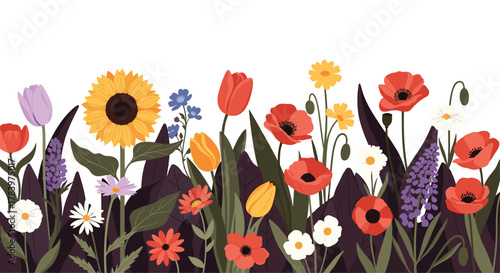 Vibrant illustration displays a lush border of diverse wildflowers, including sunflowers and tulips, blooming in a rich array of colors.