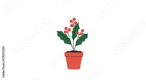 Simple illustration portrays a vibrant holly plant with bright red berries and characteristic green leaves, charmingly planted in a red pot.
