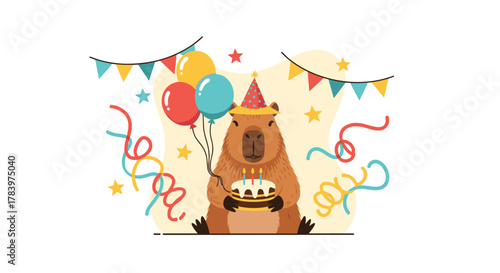 Joyful capybara celebrating its birthday, holding a delicious cake with candles, surrounded by colorful balloons and festive confetti.
