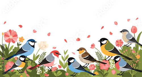 Vibrant array of colorful birds perched among lush green foliage and blooming flowers with delicate petals gently falling.