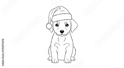 Charming line art drawing of a cute puppy wearing a festive Santa hat, perfect for holiday greetings and Christmas-themed designs.