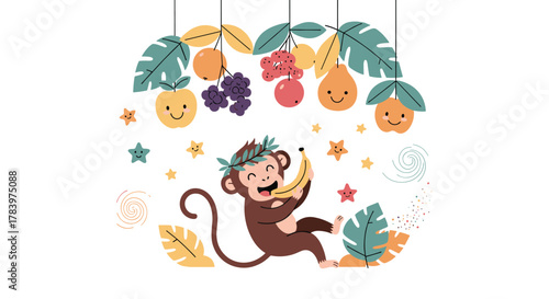 Cheerful monkey gleefully holding a ripe banana, surrounded by an enchanting jungle scene with various hanging fruits and lush green leaves.