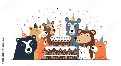 Adorable group of cartoon bears happily celebrating a first birthday, gathered around a large cake with a number one candle and festive confetti.