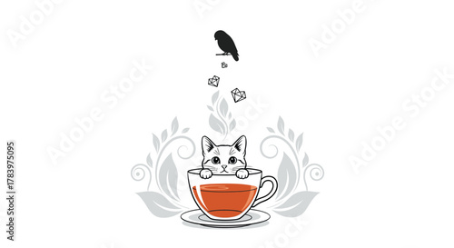 Whimsical illustration shows a curious cat peeking from inside a teacup filled with tea, with a small bird perched above and elegant leaves surrounding it.
