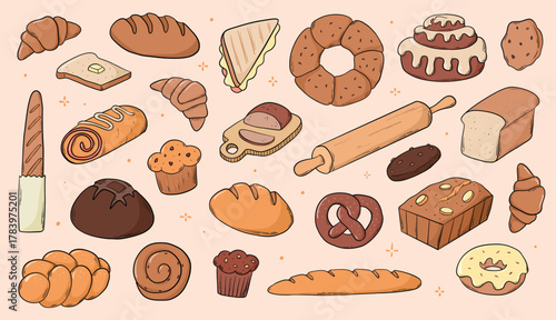 Bread doodles, cartoon elements, bakery theme clipart set for prints, social media visuals, cards, posters, stickers, product packaging, logos, etc. EPS 10