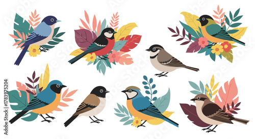 Colorful collection showcases a variety of beautiful birds perched gracefully amidst vibrant floral arrangements and lush tropical leaves, creating a lively scene.