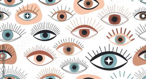 Mesmerizing seamless pattern features an eclectic mix of stylized evil eyes, each with distinct designs and elaborate eyelashes, set against a clean white background.