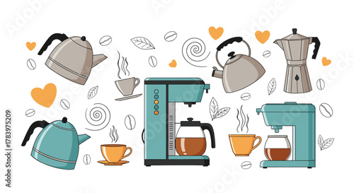 Inviting collection displays various coffee making essentials including coffee machines, kettles, and steaming cups, surrounded by coffee beans and abstract swirls.