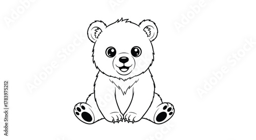 Adorable line art illustration depicts a charming bear cub with large, expressive eyes and a sweet smile, capturing its innocence and cuteness.