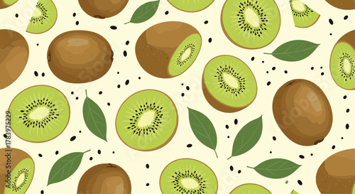 Vibrant seamless pattern featuring a delicious assortment of whole and precisely sliced kiwi fruits with green leaves and scattered seeds, on a light background.