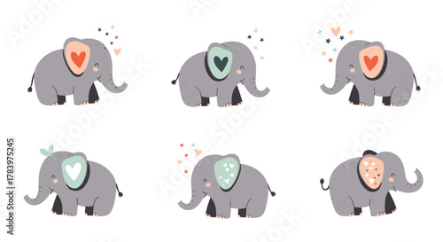 Delightful set of six adorable cartoon elephants, each playfully designed with hearts on their ears and bodies, exuding charm and happiness.