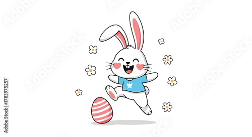Joyful cartoon bunny happily leaping beside a decorated Easter egg, surrounded by cheerful white flowers, celebrating the spring holiday with enthusiasm.