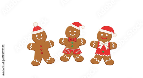 Adorable trio of cartoon gingerbread men, each dressed in festive Christmas attire with Santa hats and bows, ready for holiday celebrations.