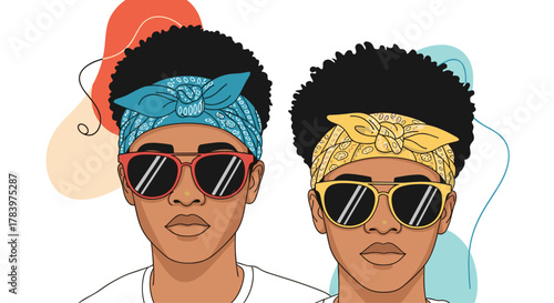 Modern portrait features two diverse individuals with stylish afro hairstyles, wearing colorful bandanas and trendy sunglasses, exuding a cool and confident vibe.